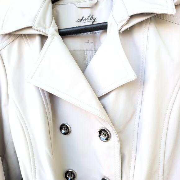 Sebby Double Breasted Cream SoftShell Trench Coat Detachable Hood Women's Large - Picture 3 of 10